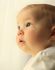 Beauty baby looking trough curtain