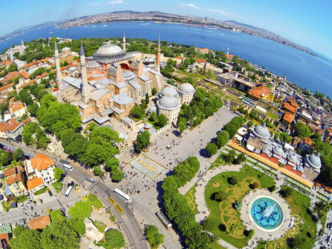 Visitors enjoying in front of Hagia Sophia in Istanbul, Turkey