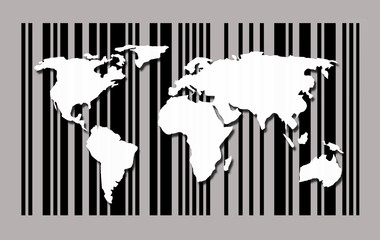 World map on barcode background