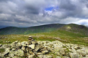 Cairn on Hart Crag with Fairfield Crag Behind
