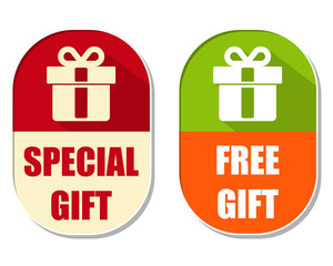 special and free gift with present box sign, two elliptical labe