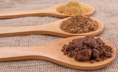 Muscovado sugar, brown sugar and coconut sugar in wooden spoon