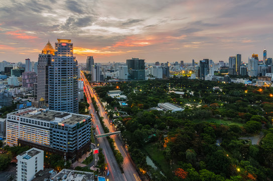 Sunset In Bangkok With Lumpini Park