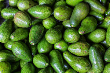 Avocado background. Fresh green avocado on a market stail. Food