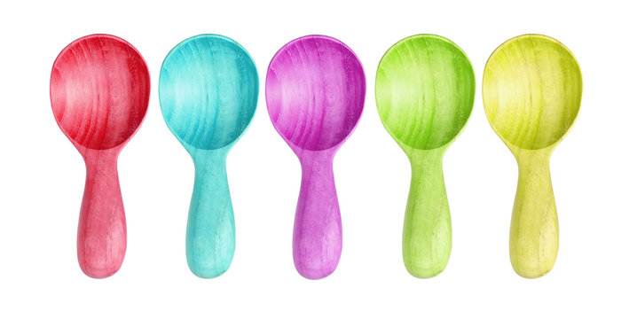 Isolated many color Wooden Kitchen spoons on white background
