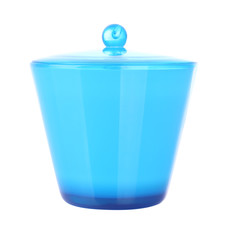 Front of blue plastic jar with cover on white background.