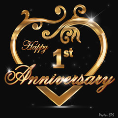 1 year anniversary golden heart design card