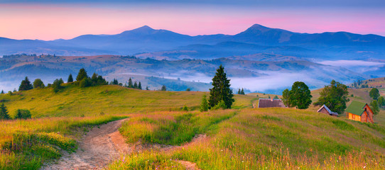 Colorful morning panorama of the morning mountains