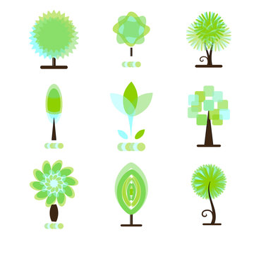 Ecology logos, green trees, set
