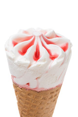 strawberry ice cream in a waffle cone, close-up, isolated