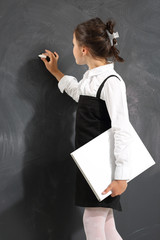 schoolgirl writes on the blackboard - obrazy, fototapety, plakaty