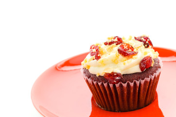 Red cupcake velvet isolated white background