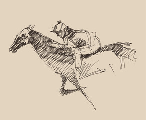 Rider on a horse (jockey) engraved style, hand drawn, sketch