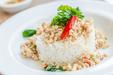 Spicy fried chicken with basil and rice
