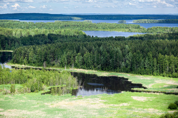 Evergreen woods and blue lakes in Karelia, aerial view