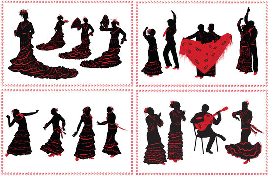 People dancing flamenco. Set of black and red silhouettes on whi