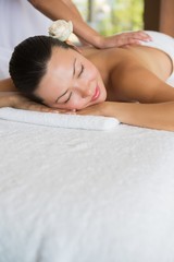 Obraz na płótnie Canvas Brunette enjoying a peaceful massage with eyes closed