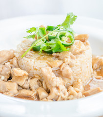 Chicken with brown sauce on rice
