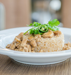 Chicken with brown sauce on rice