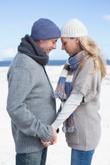 Attractive couple standing on the beach in warm clothing