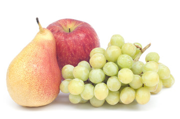 Fresh pear grape and apple isolated on white background.