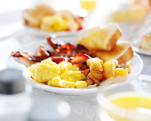 full breakfast with eggs, bacon, potatoes and toast