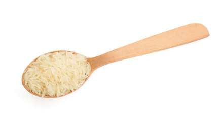 rice in wooden spoon on white