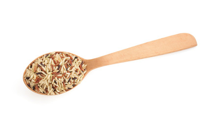 rice in wooden spoon on white