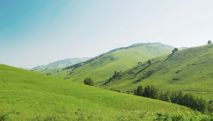 Fototapeta na wymiar Beautiful summer landscape with green hills and bright blue sky