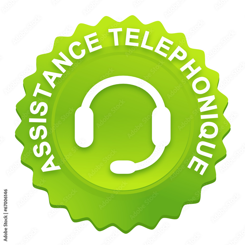 Sticker assistance téléphonique sur bouton web denté vert