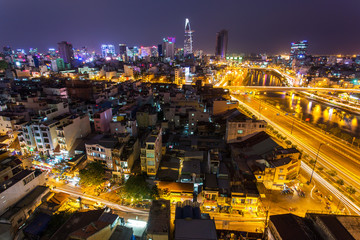 Night view of Saigon traffic along the river, Ho Chi Minh City,