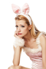 sad and lonely blonde girl in rabbit costume