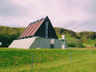Modern church at kirkjubaejarklaustur, South Iceland