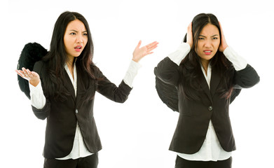 Asian young woman dressed as devil scolding to another isolated