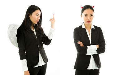Angel side of a young Asian businesswoman showing obscene