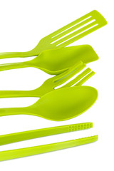 Plastic kitchen utensils isolated on white