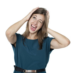 Brunette girl making funny face on white background