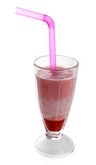 Glass of raspberry smoothie drink isolated on white