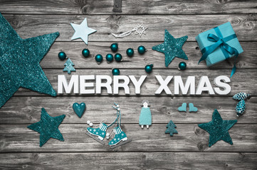 Merry Xmas - Weihnachtskarte in türkis mit Text bzw. Buchstaben