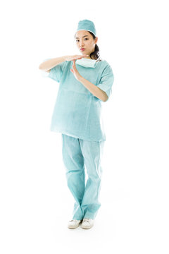 Asian Female Surgeon Showing Timeout Signal