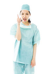 Angry Asian female surgeon scolding someone isolated on white