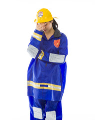 Lady firefighter hiding her face