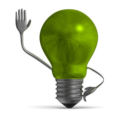 Green light bulb character waving hand isolated