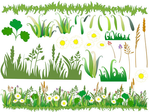 Cartoon grass and flowers with separated parts of the drawing.