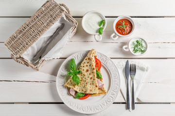 Pancake with ham and vegetables