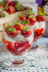 Closeup of dessert with strawberries and cream