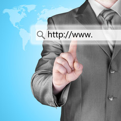 Businessman pushing virtual search bar