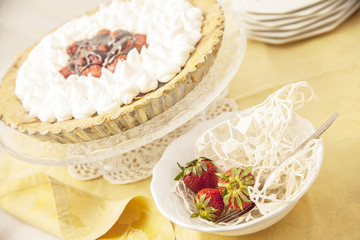 Vegan tart with strawberries and chocolate