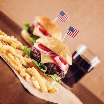 American Cheese Burger with French Fries and Cola