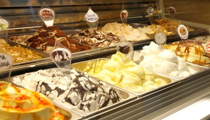 many flavors of homemade ice cream in a great gelateria